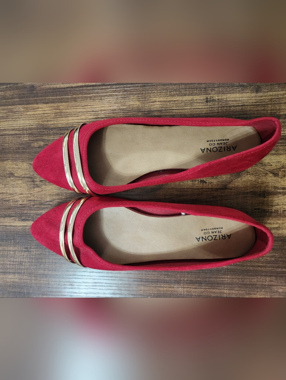 Arizona Jean Company Red Pointed Toe Flats with Gold Straps